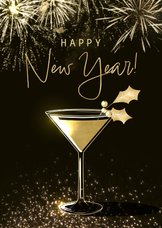 Nieuwjaarskaart goud chique cocktailglas glitters vuurwerk