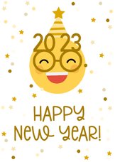 Nieuwjaarskaart happy new year emoji met 2023 bril