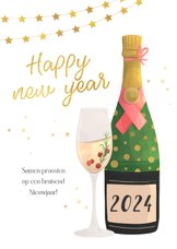 Nieuwjaarskaart illustratie champagne sterren 2024
