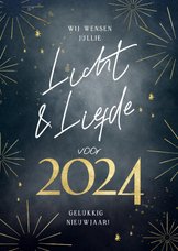 Nieuwjaarskaart licht liefde goud vuurwerk 2024 