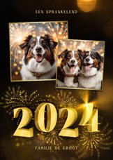 Nieuwjaarskaart met 2024 3D met 2 foto's en vuurwerk