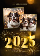 Nieuwjaarskaart met 2025 3D met 2 foto's en vuurwerk