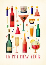 Nieuwjaarskaart met champagne, drank en glazen