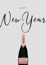 Nieuwjaarskaart met champagnefles en happy New Year