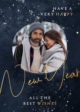 Nieuwjaarskaart met foto donkerblauw New Year in goudlook