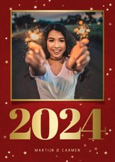 Nieuwjaarskaart met foto, gouden 2024 en sterren