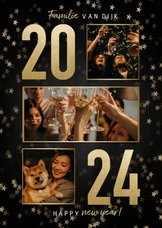 Nieuwjaarskaart met gouden 2024 sterren en fotocollage