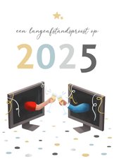 Nieuwjaarskaart met lange-afstands-proost op 2025