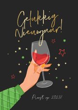 Nieuwjaarskaart rode wijn proost sterren goud cheers