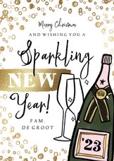 Nieuwjaarskaart 'Sparkling New Year' champagnefles goud