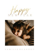 Nieuwjaarskaart stijlvol met foto en gouden tekst