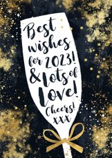 Nieuwjaarskaart typografisch champagneglas goud sterren
