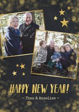 Nieuwjaarskaart zwart met goud en 2 eigen foto's