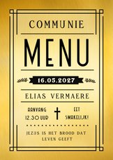 Originele communie menukaart in gouden ticket stijl