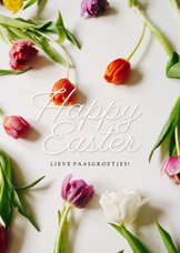 Paaskaartje Happy Easter kleurrijke tulpen