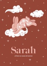 Rouwkaart roze met konijntje in de wolken en sterren 
