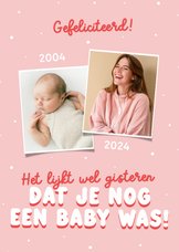 Roze fotokaartje verjaardag met baby foto voor een dochter