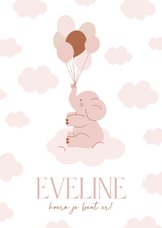 Roze geboortekaartje olifantje op de wolken met ballonnen