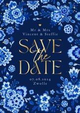Save the date Delfts blauw donker bloemen romantisch