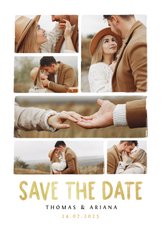 Save the date fotocollage trouwkaart met gouden tekst