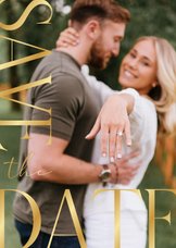 Save the date fotokaart goud stijlvol hartjes trouwen