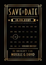 Save the Date kaart in retro poster stijl met goudfolie 