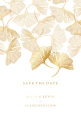 Save the date kaart voor de bruiloft ginkgobladeren stempel