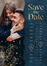 Save the date kalender trouwkaart velvet blauw foto goud
