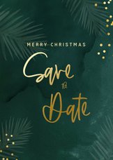 Save the date kerstkaart met groene waterverf en confetti