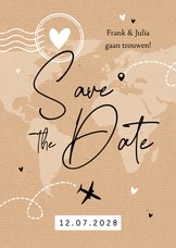 Save the date kraft reizen ticket vliegtuig wereldkaart