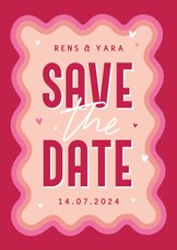 Save the date retro groovy grafisch trouwkaart roze hartjes