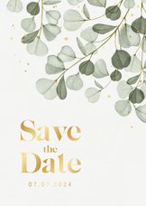 Save the date trouwkaart eucalyptus goud hartjes spetters