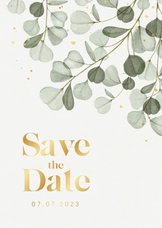 Save the date trouwkaart eucalyptus goud hartjes spetters