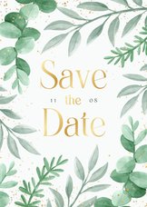 Save the date trouwkaart eucalyptus takjes botanisch goud 