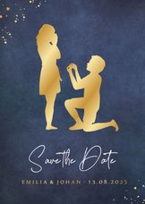 Save the Date trouwkaart met gouden silhouet van aanzoek