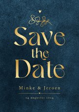 Save the date trouwkaart velvet blauw goud sierlijk