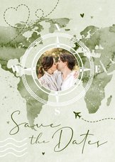 Save the date trouwkaart wereldkaart reizen kompas