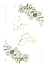 Save the date uitnodigingskaart eucalyptus goud hartjes