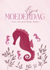Schattige moederdagkaart met zeepaardje met kleintjes roze