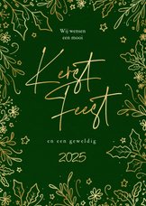 Sierlijke kerstkaart met botanische rand in goud