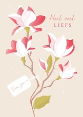 Sterktekaart illustratie wit-roze magnoliatak met label