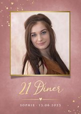 Stijlvolle 21 diner kaart met foto en roze achtergrond