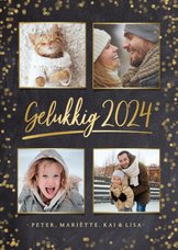 Stijlvolle nieuwjaarskaart fotocollage met 4 foto's en goud