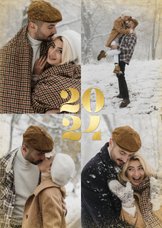 Stijlvolle nieuwjaarskaart met fotos en grote gouden 2024