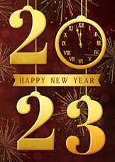 Stijlvolle nieuwjaarskaart met hangende cijfers 2023 en klok