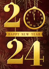 Stijlvolle nieuwjaarskaart met hangende cijfers 2024 en klok
