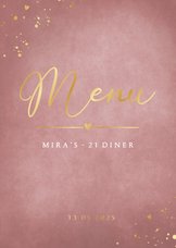 Stijlvolle oud roze 21 diner menukaart met gouden spetters