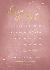 Stijlvolle oud roze Save the Date kalender communie kaart