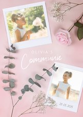 Stijlvolle roze communie uitnodiging met foto's en rozen