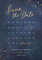 Stijlvolle Save the Date kaart met kalender en goudfolie